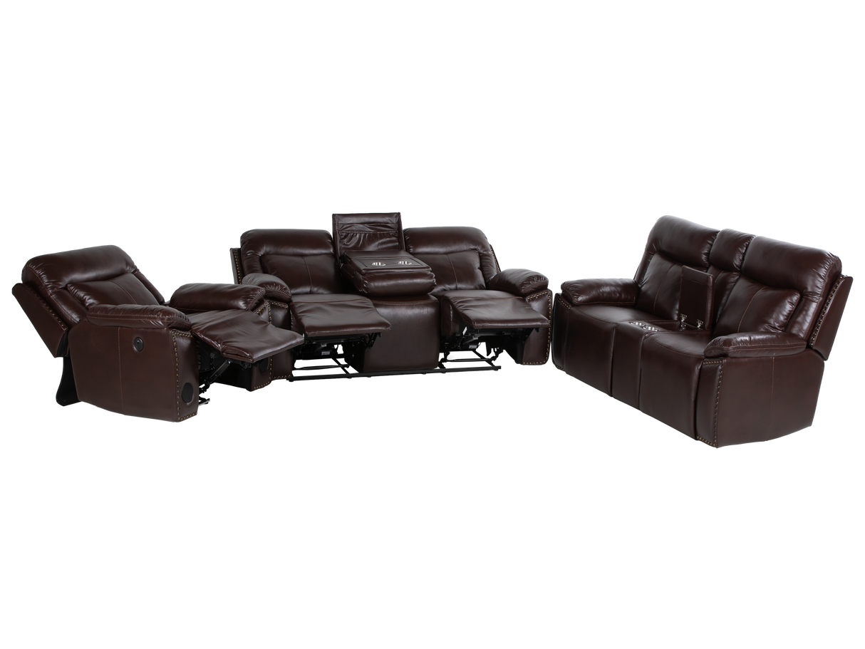 3-Piece Brown Power Reclining Living Room Set with Console Loveseat, USB & Bluetooth Speaker