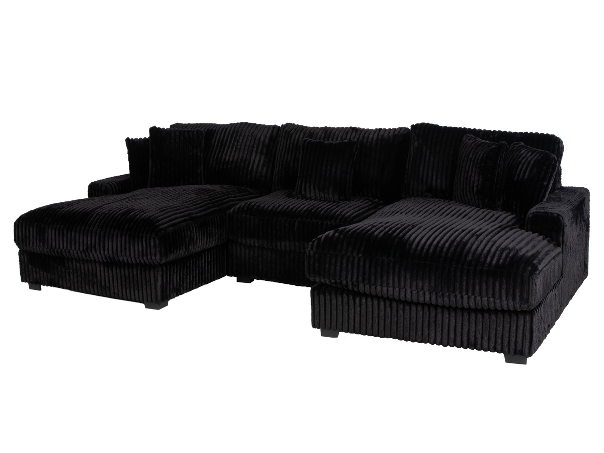 Midnight Black Corduroy 3-Piece Double-Chaise Sectional Sofa