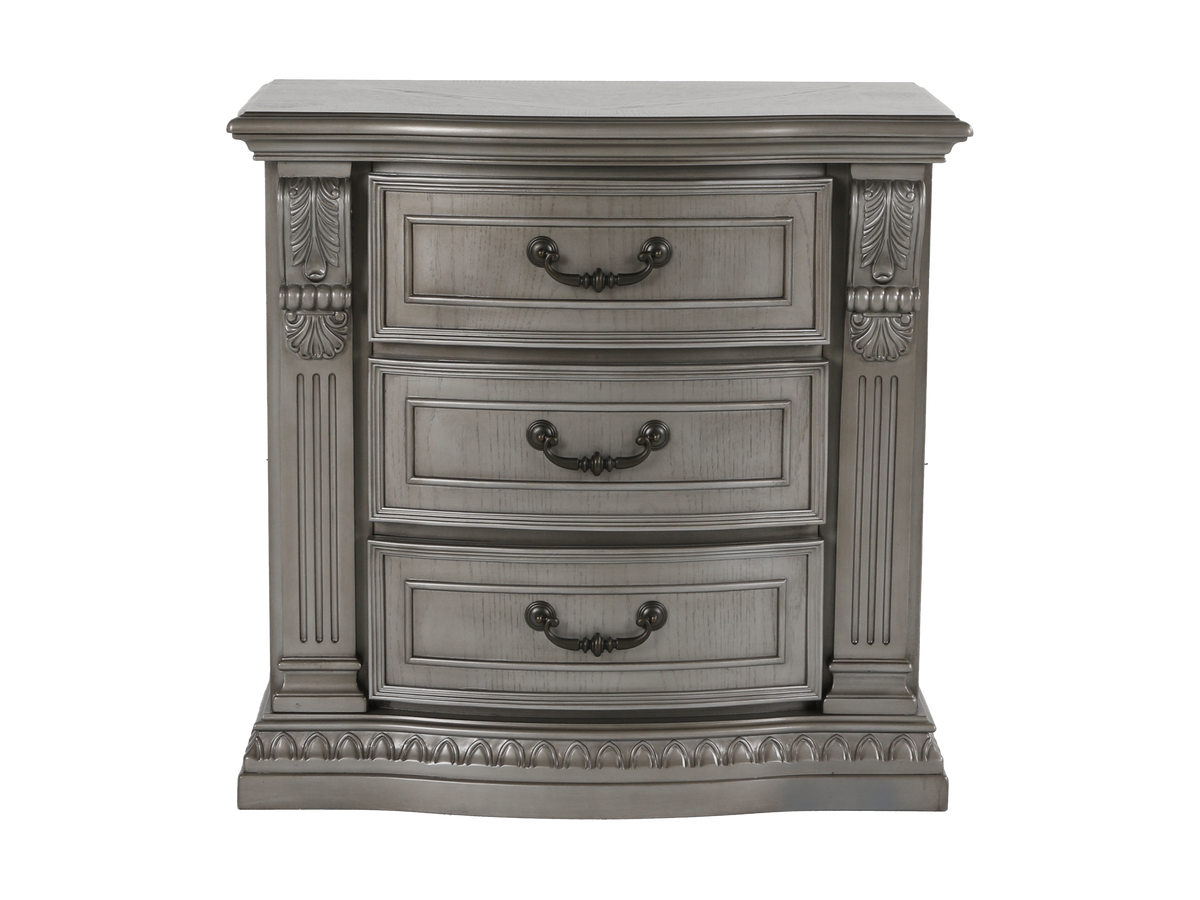 Grand-Platinum Traditional Nightstand with 3 Drawers & Carved Details