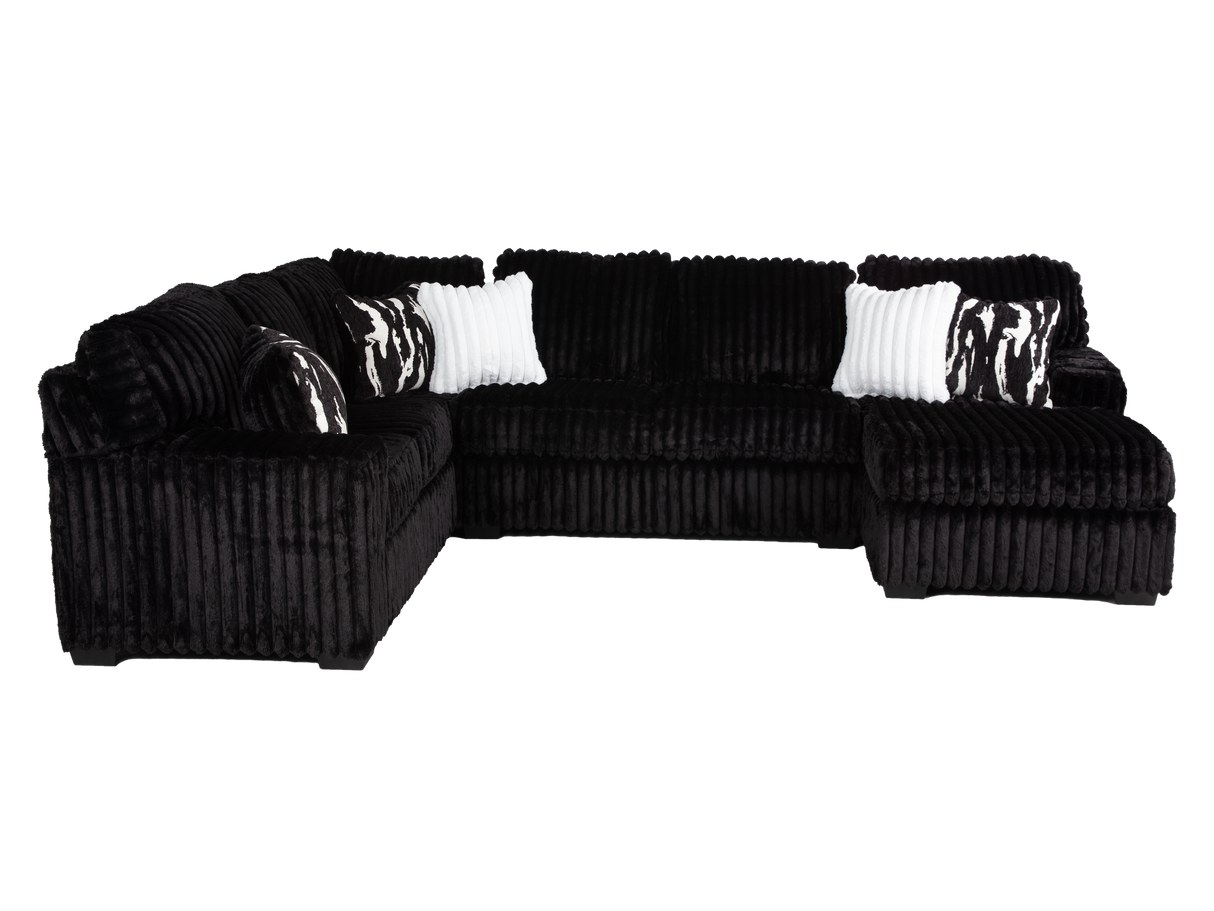 Contemporary Black Corduroy L-Shaped Sectional Sofa with Oversized Chaise, Deep Seating & Ribbed Plush Design