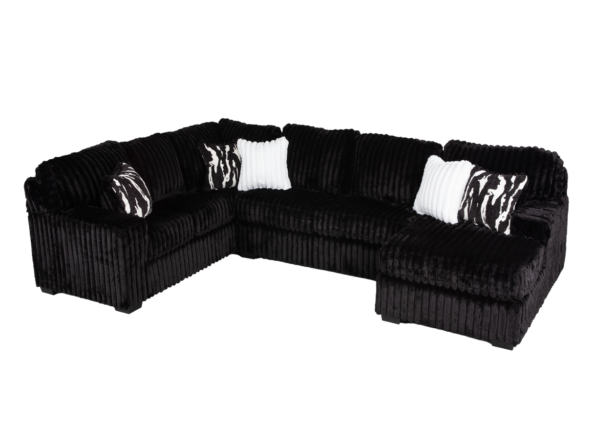 Contemporary Black Corduroy L-Shaped Sectional Sofa with Oversized Chaise, Deep Seating & Ribbed Plush Design