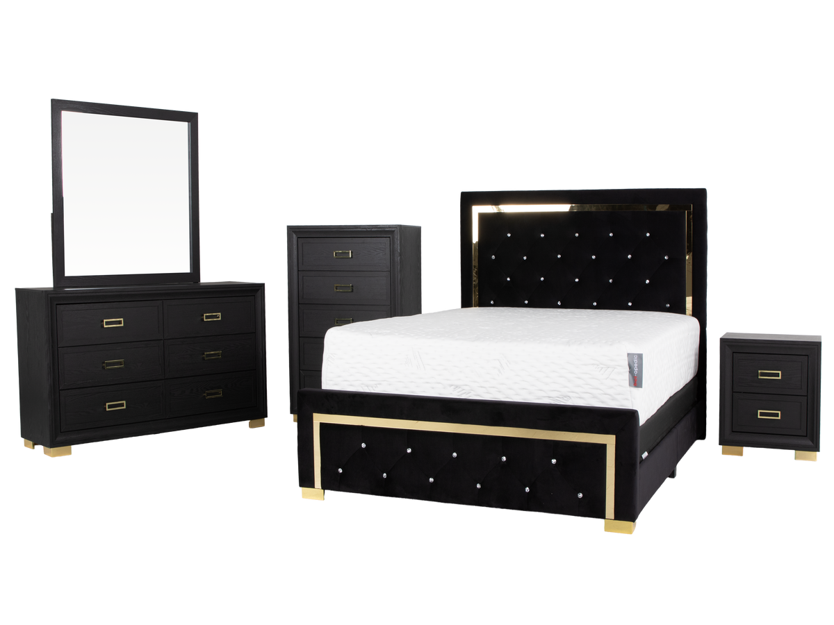 Glam Black Velvet & Gold 6-Piece Bedroom Set