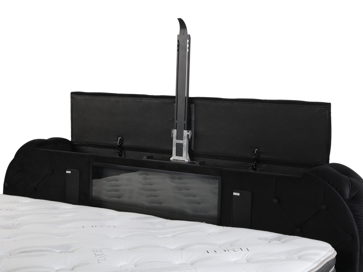 Velvet Tufted Bedroom Set with Built-in Fireplace, TV Stand, and Bluetooth Speakers by Mollai Collections | Bel Furniture