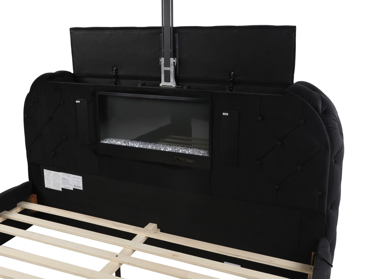 Velvet Tufted Bedroom Set with Built-in Fireplace, TV Stand, and Bluetooth Speakers by Mollai Collections | Bel Furniture