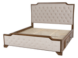 6-Piece Bedroom Set with LED Lighting, Button-Tufted Upholstered Storage Bed, Dresser, Mirror & Nightstand — Light Oak Finish