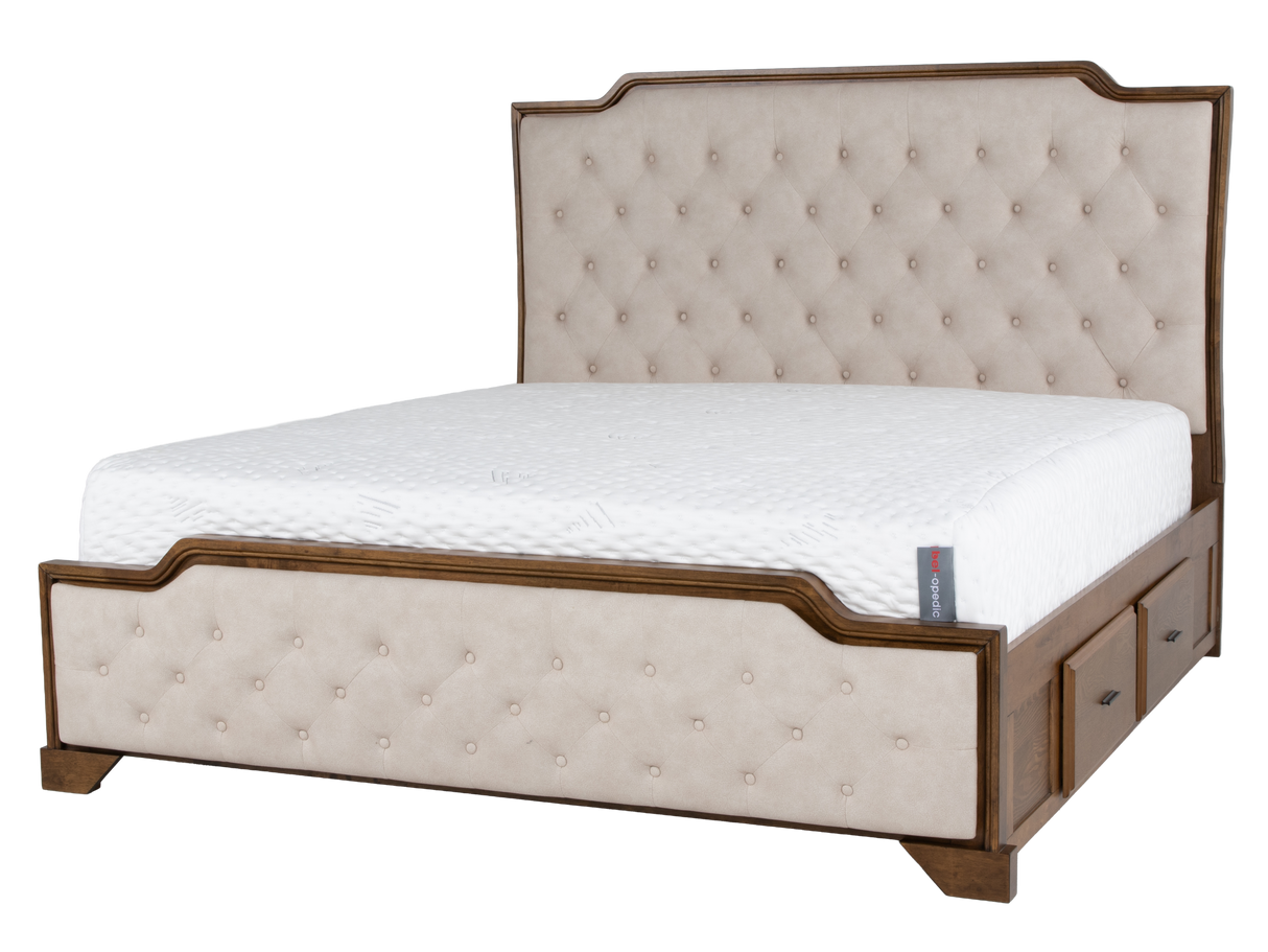 6-Piece Bedroom Set with LED Lighting, Button-Tufted Upholstered Storage Bed, Dresser, Mirror & Nightstand — Light Oak Finish