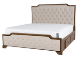 6-Piece Bedroom Set with LED Lighting, Button-Tufted Upholstered Storage Bed, Dresser, Mirror & Nightstand — Light Oak Finish
