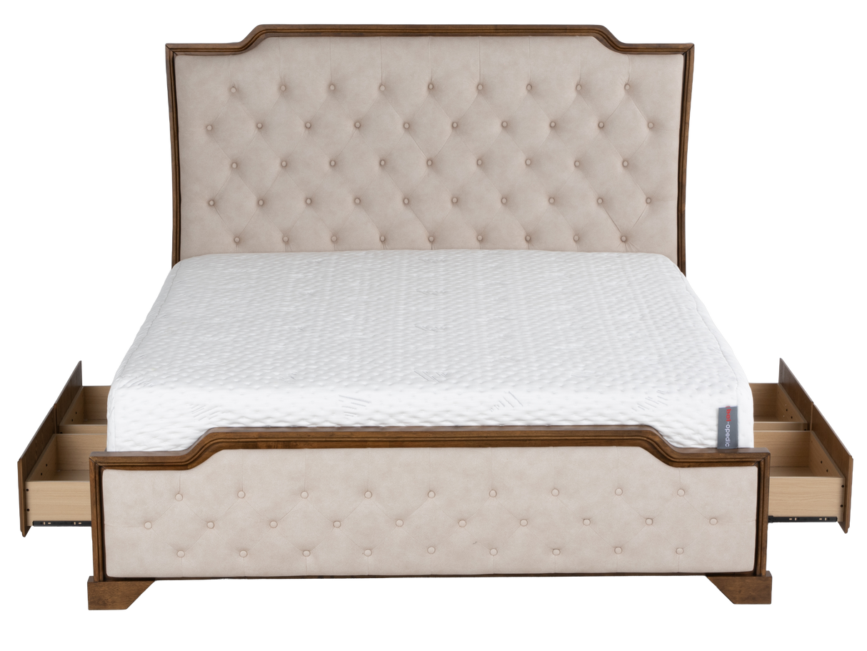 6-Piece Bedroom Set with LED Lighting, Button-Tufted Upholstered Storage Bed, Dresser, Mirror & Nightstand — Light Oak Finish