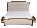 6-Piece Bedroom Set with LED Lighting, Button-Tufted Upholstered Storage Bed, Dresser, Mirror & Nightstand — Light Oak Finish