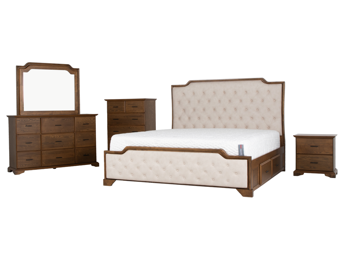 6-Piece Bedroom Set with LED Lighting, Button-Tufted Upholstered Storage Bed, Dresser, Mirror & Nightstand — Light Oak Finish