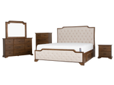 6-Piece Bedroom Set with LED Lighting, Button-Tufted Upholstered Storage Bed, Dresser, Mirror & Nightstand — Light Oak Finish