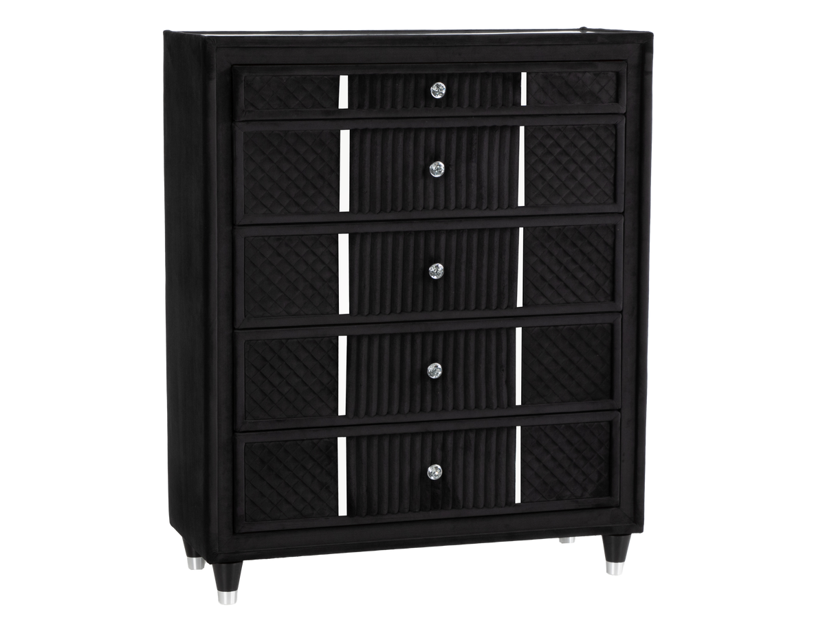 Velvet Black 5-Drawer Chest with Corduroy Accents, Dovetail Drawers & Ball-Bearing Glides