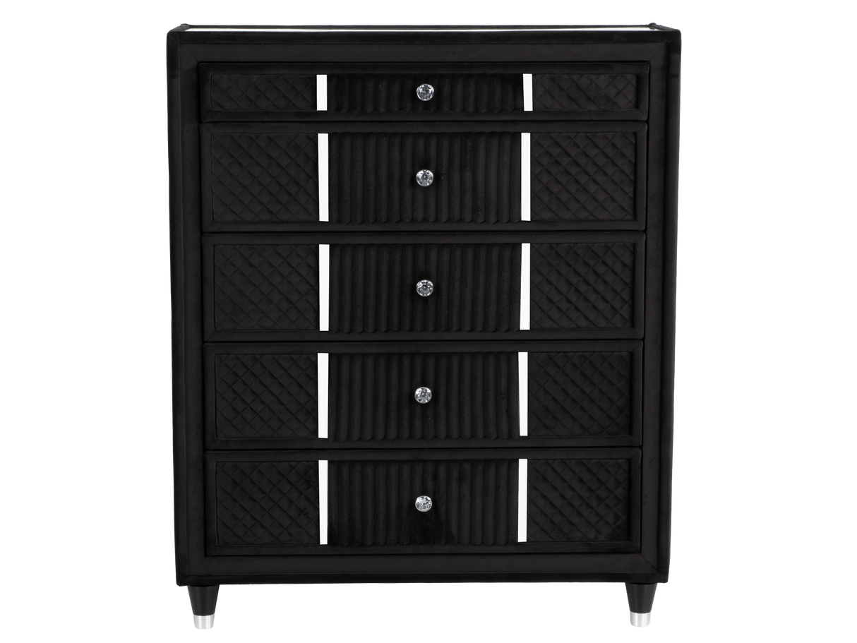 Velvet Black 5-Drawer Chest with Corduroy Accents, Dovetail Drawers & Ball-Bearing Glides
