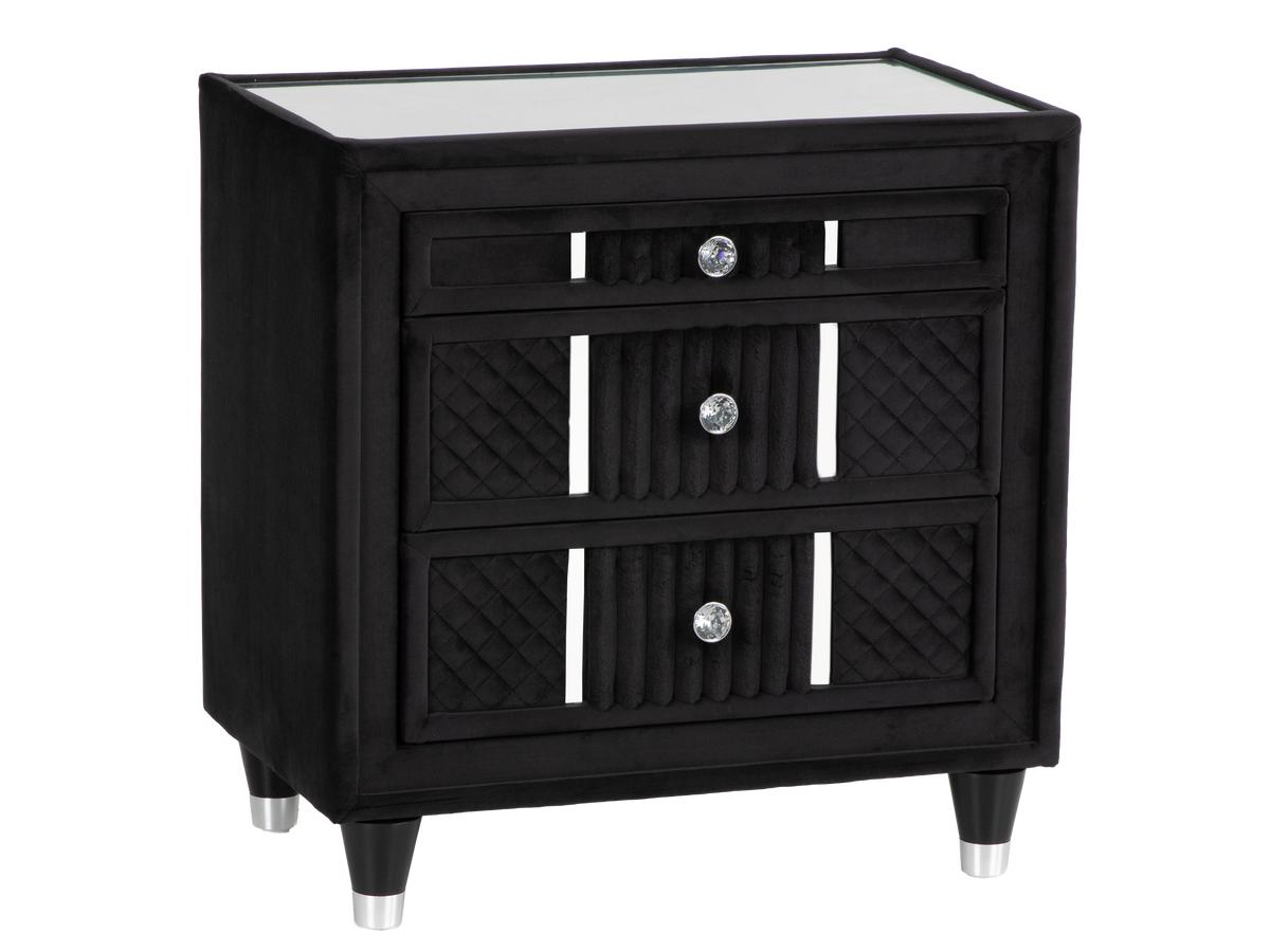 Velvet Black Glam Nightstand with Corduroy Accents