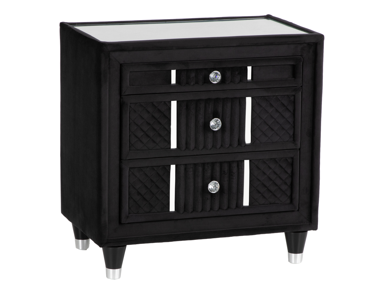 Velvet Black Glam Nightstand with Corduroy Accents