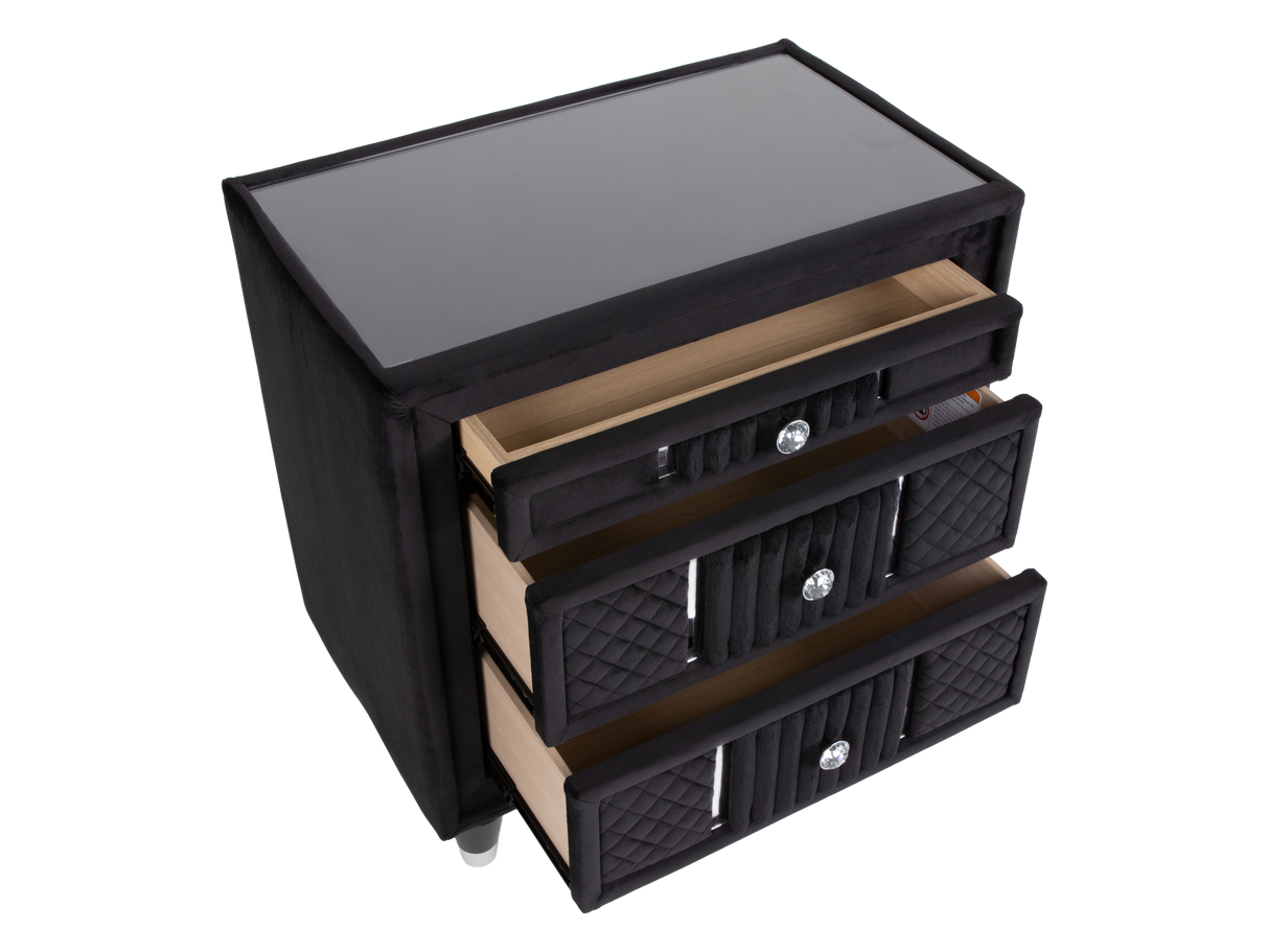 Velvet Black Glam 6-Piece Bedroom Set with LED Bed, Fireplace Dresser, Mirror & Nightstand