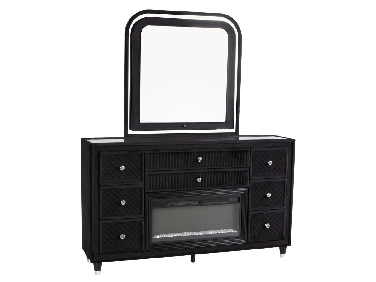 Velvet Black Glam 6-Piece Bedroom Set with LED Bed, Fireplace Dresser, Mirror & Nightstand