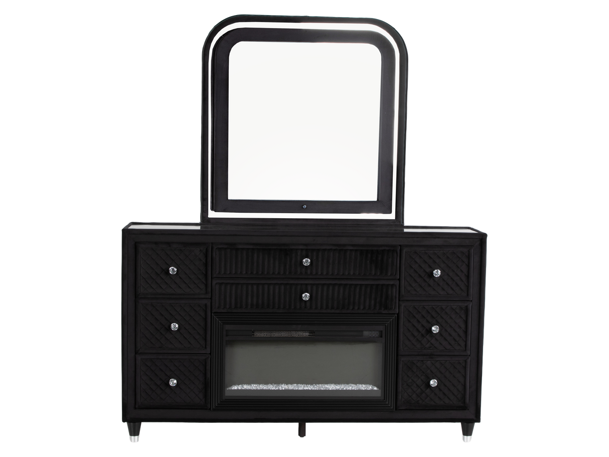 Velvet Black Glam 6-Piece Bedroom Set with LED Bed, Fireplace Dresser, Mirror & Nightstand