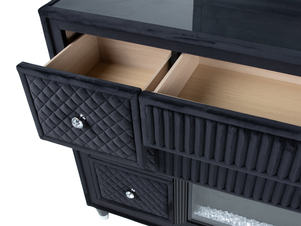 Velvet Black Glam 6-Piece Bedroom Set with LED Bed, Fireplace Dresser, Mirror & Nightstand