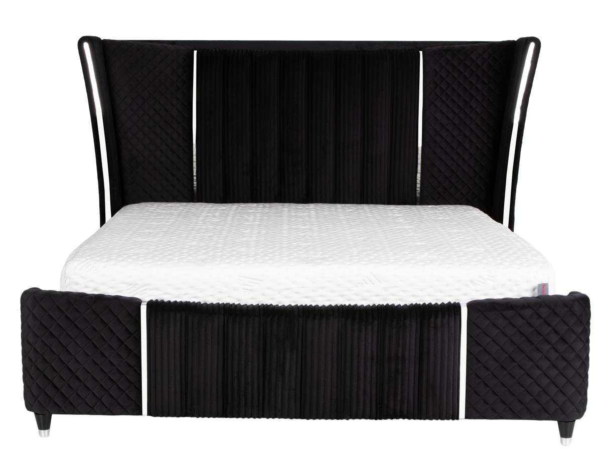 Velvet Black Glam 6-Piece Bedroom Set with LED Bed, Fireplace Dresser, Mirror & Nightstand