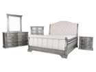 Platinum Upholstered Sleigh Bedroom Set — Bed, Dresser & Mirror, Nightstand