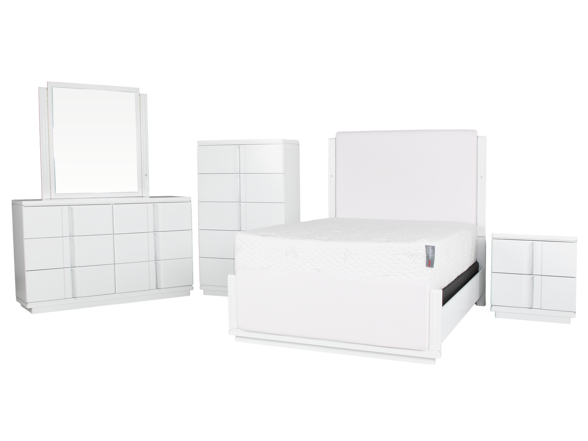 White 6-Piece Upholstered Bedroom Set with LED Bed, Dresser, Mirror & Nightstand