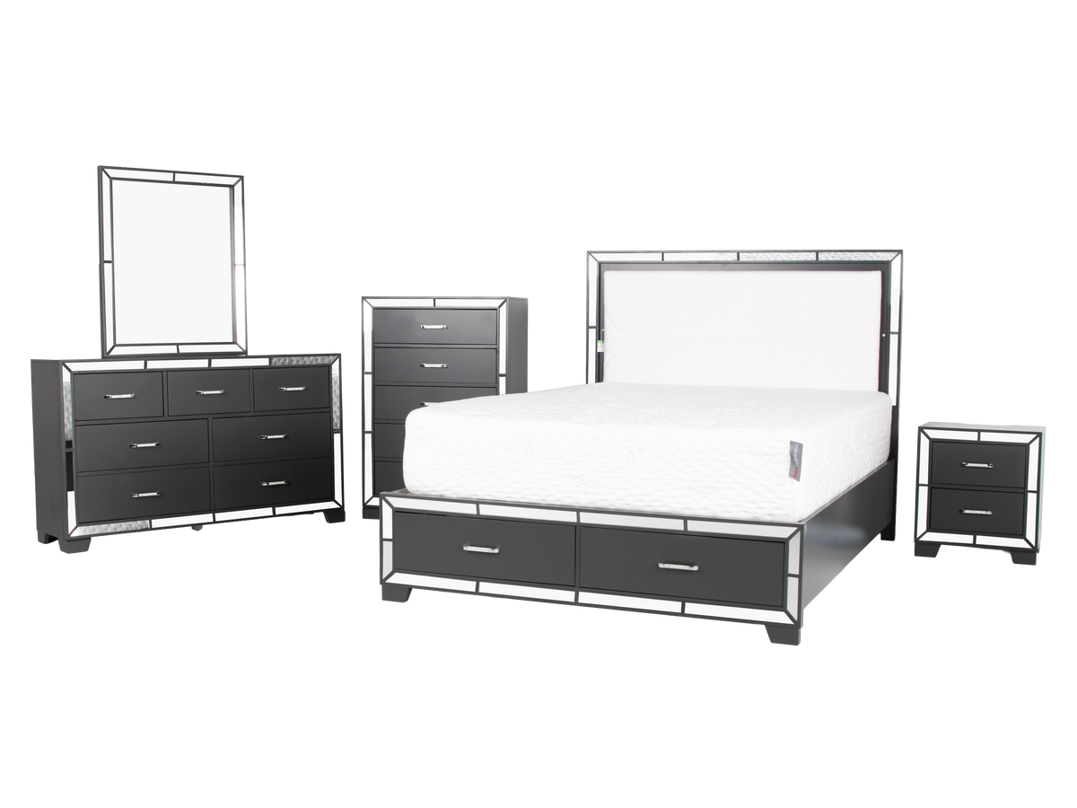 Modern Glam Graphite 6-Piece Bedroom Set with LED Upholstered Bed, Dresser, Mirror & USB Nightstand