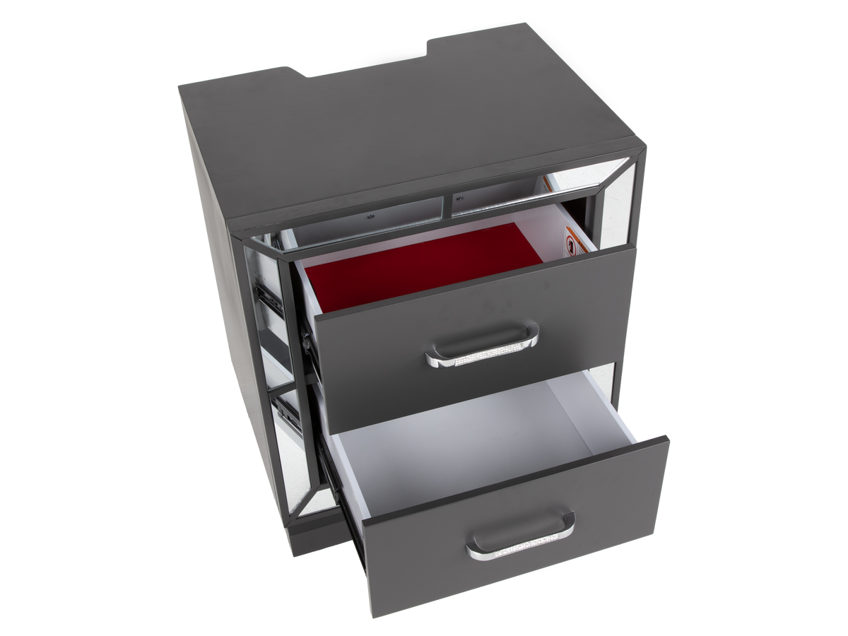 Modern Glam Graphite 2-Drawer Nightstand with USB Charging & Mirror Trim Accents