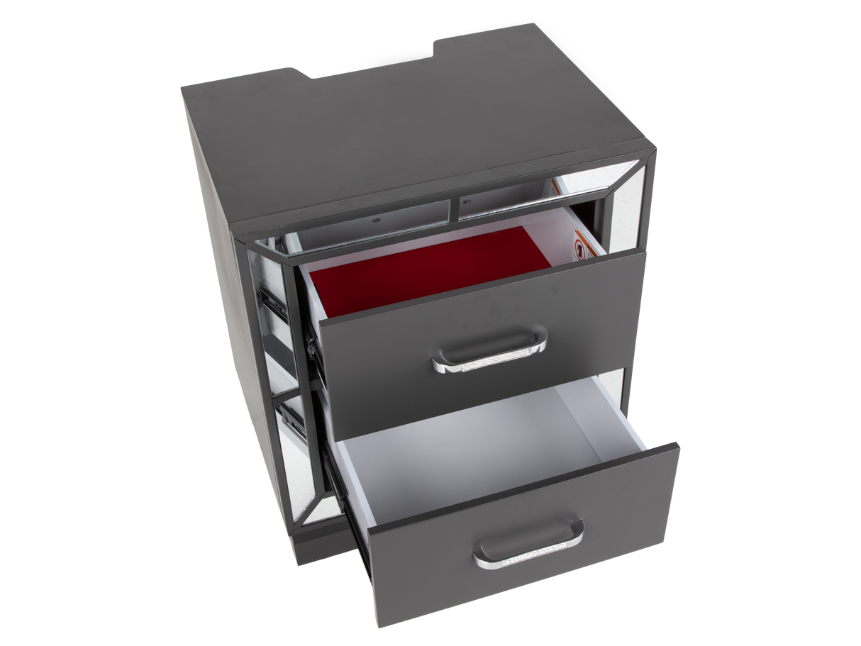 Modern Glam Graphite 2-Drawer Nightstand with USB Charging & Mirror Trim Accents