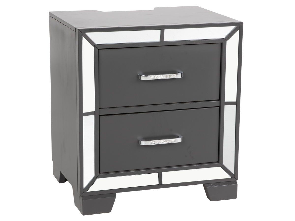 Modern Glam Graphite 2-Drawer Nightstand with USB Charging and Mirror Trim Accents