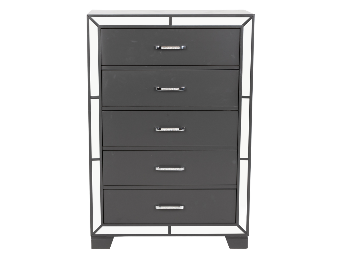 Modern Glam Graphite 5-Drawer Chest with Mirror Trim Accents