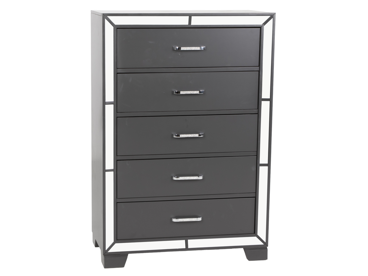 Modern Glam Graphite 5-Drawer Chest with Mirror Trim Accents
