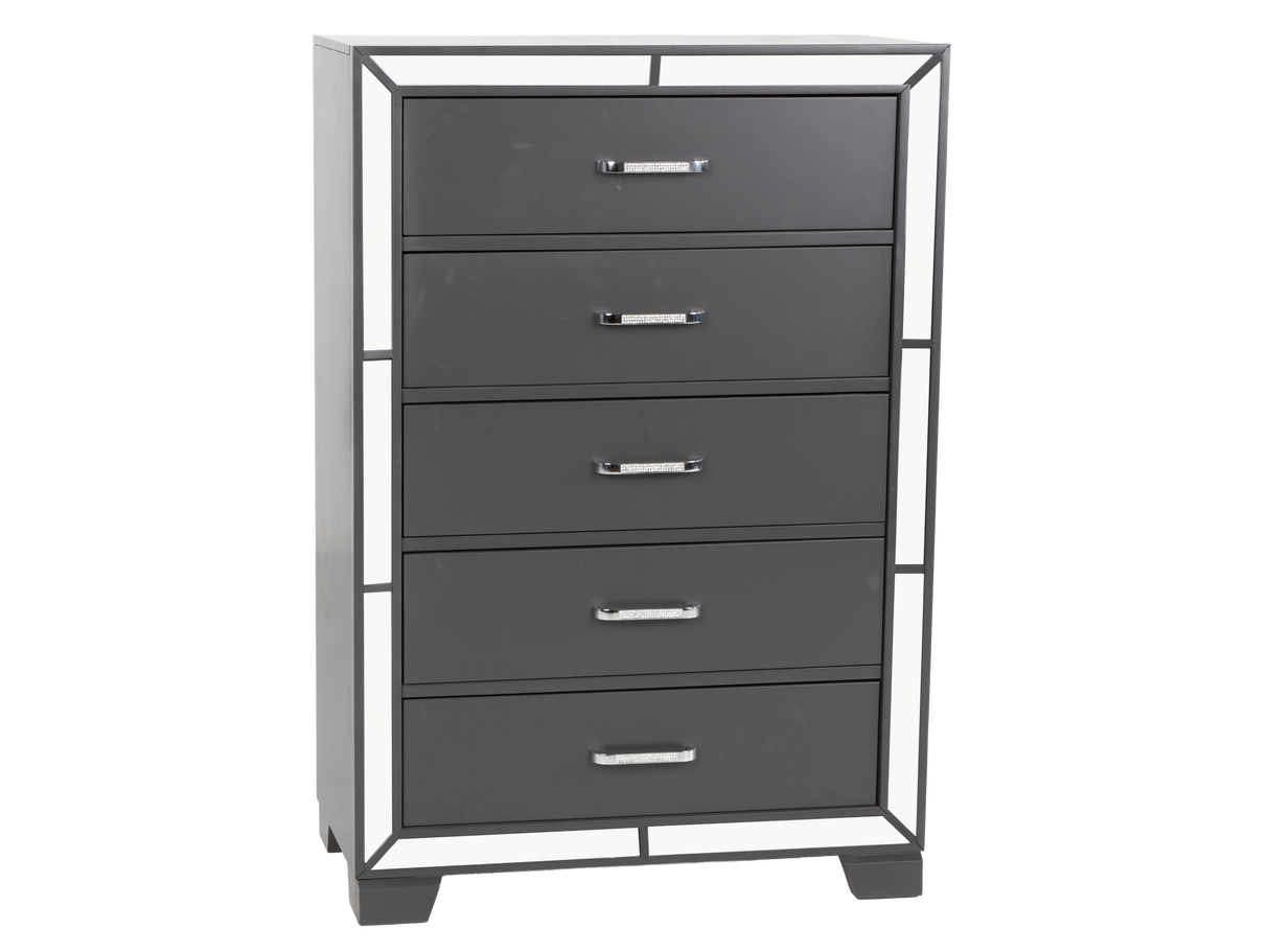 Modern Glam Graphite 5-Drawer Chest with Mirror Trim Accents