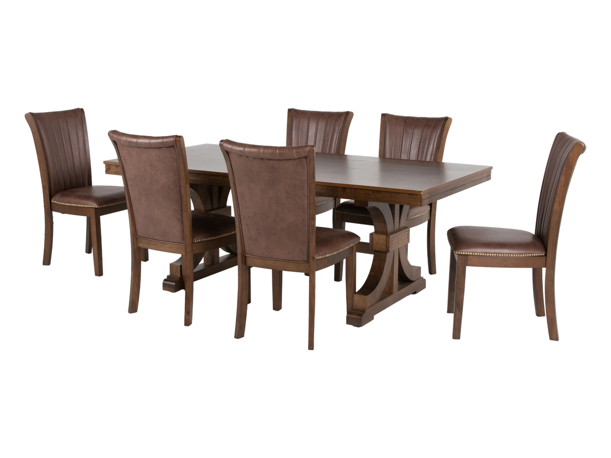 7-Piece Transitional Trestle Dining Room Set with Nailhead Upholstered Chairs (Brown) - view 2