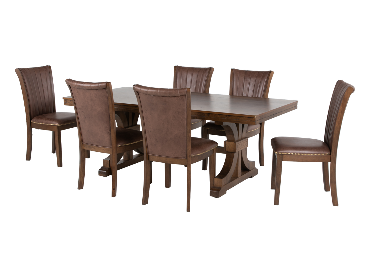 7-Piece Transitional Trestle Dining Room Set with Nailhead Upholstered Chairs (Brown)