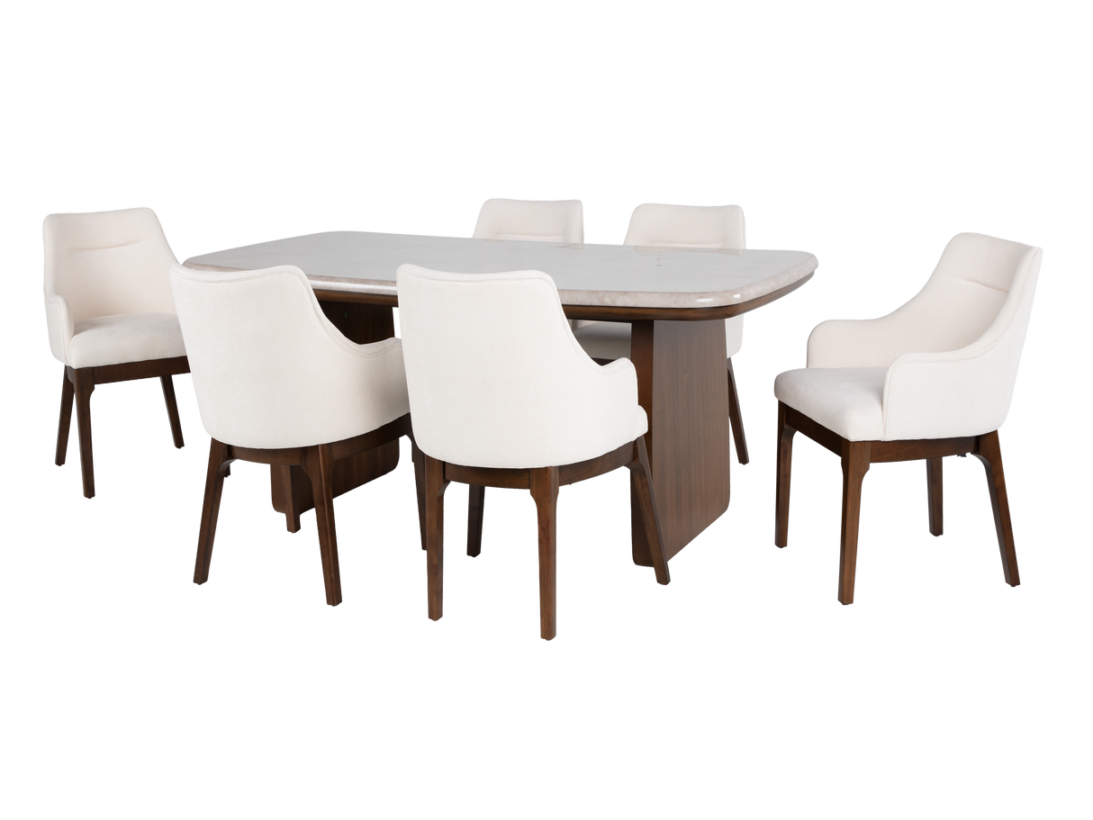 Contemporary Walnut Brown & Light Beige 7-Piece Dining Room Set with Ivory Upholstered Chairs