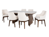 Contemporary Walnut Brown & Light Beige 7-Piece Dining Room Set with Ivory Upholstered Chairs