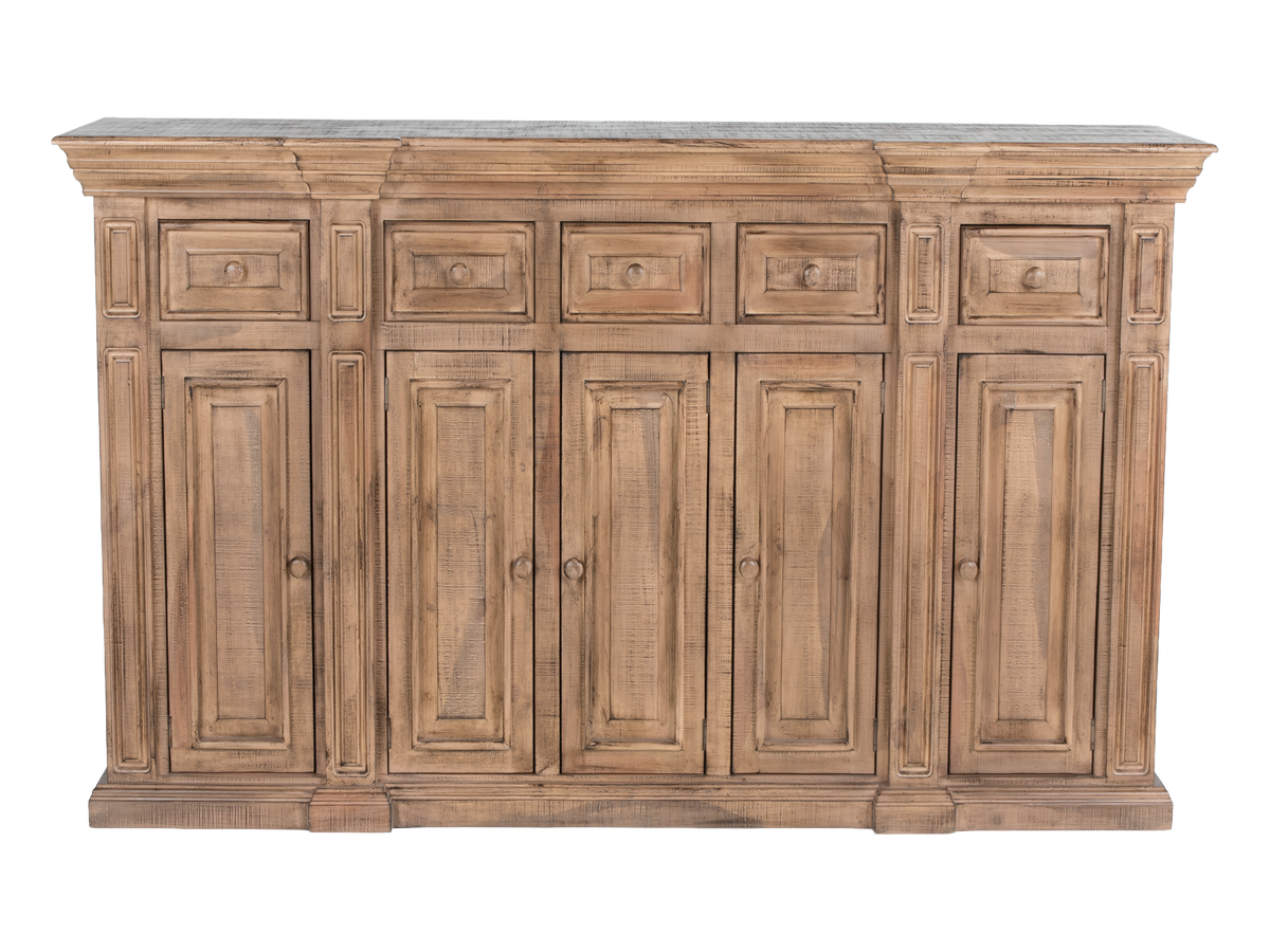 Wooden cabinet with multiple drawers and doors on a white background