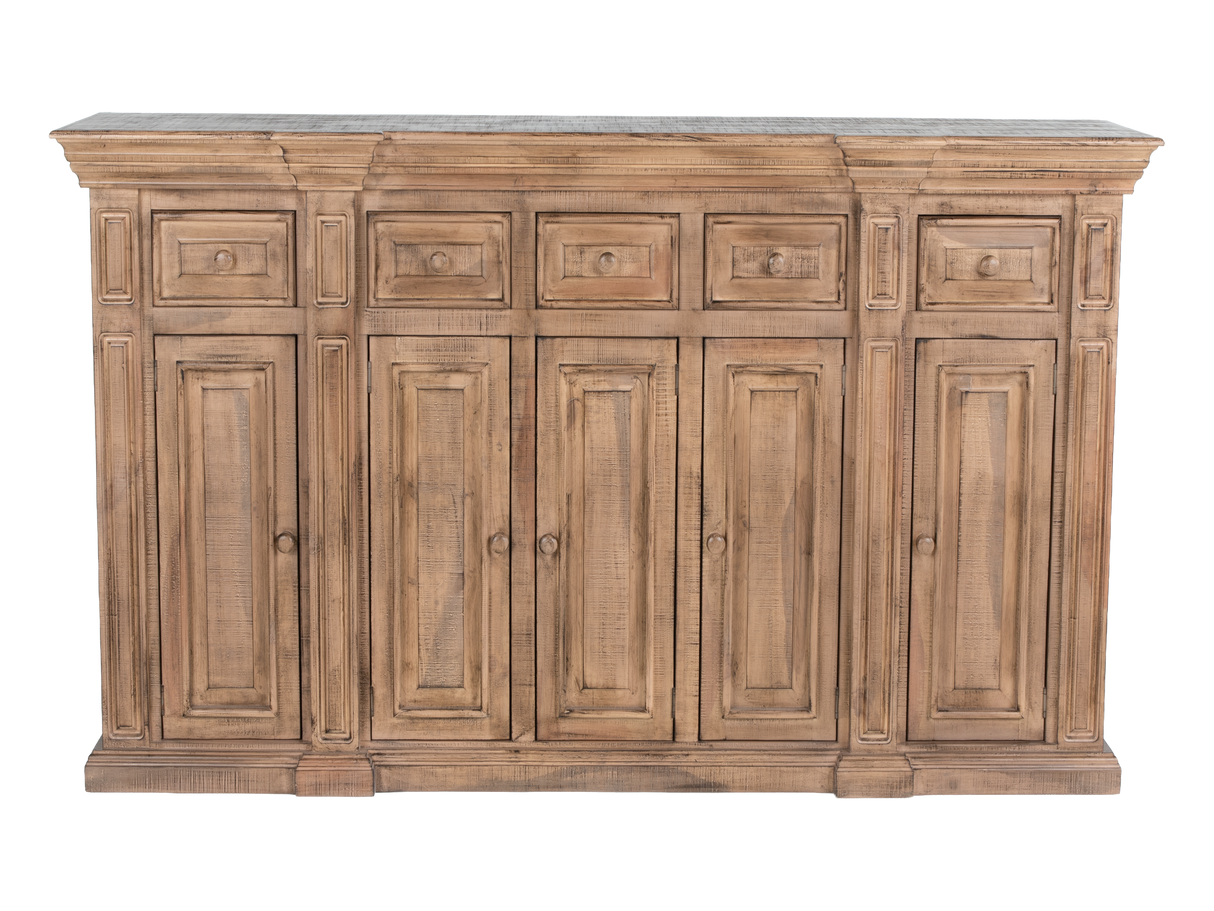 Wooden cabinet with multiple drawers and doors on a white background