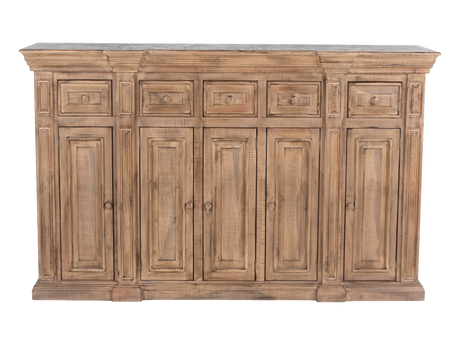 Wooden cabinet with multiple drawers and doors on a white background