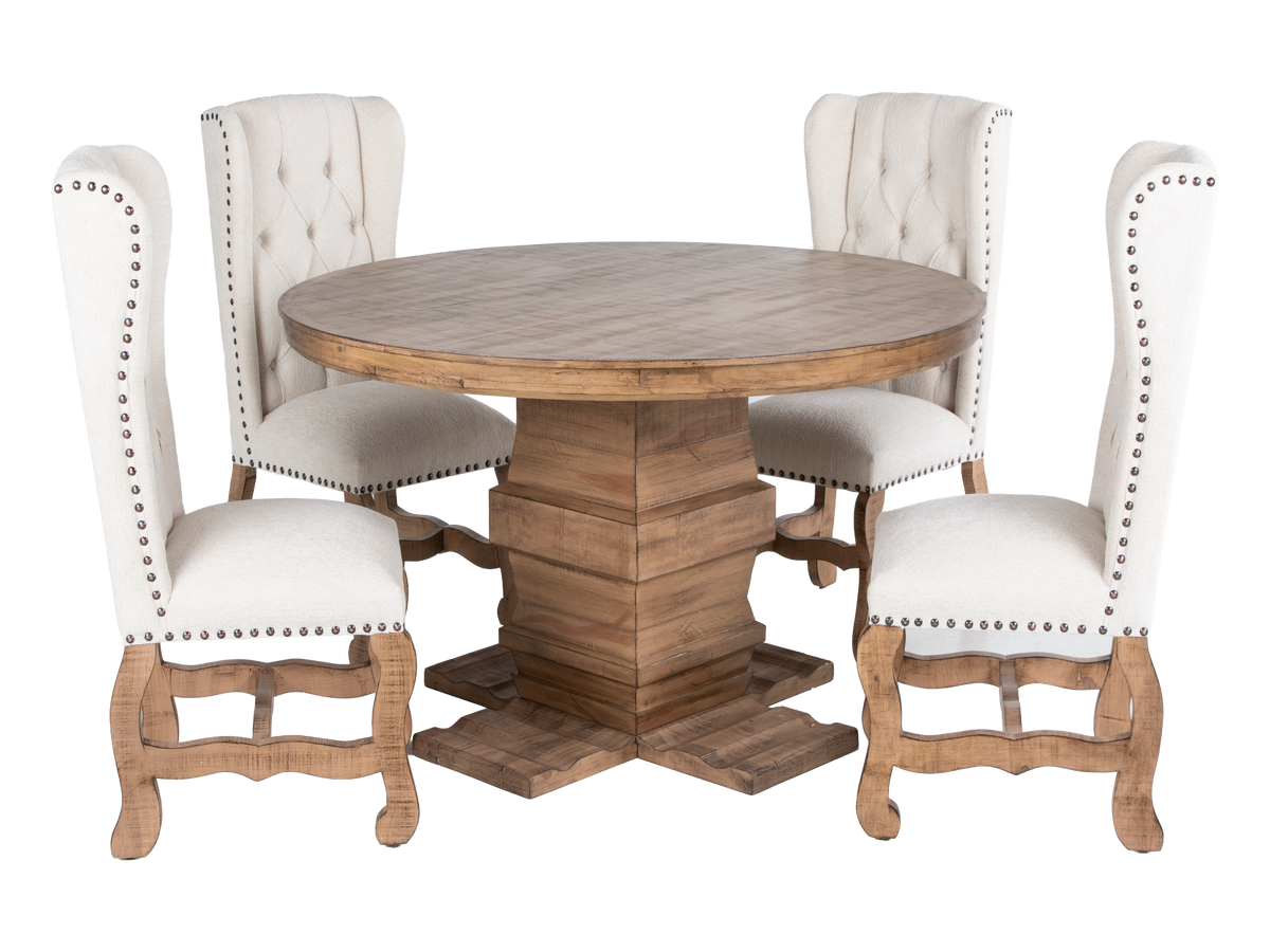 Traditional Rustic Natural Wood Round Dining Set with Beige Tufted Wingback Chairs, Nailhead Trim & Pedestal Table Design