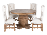 Traditional Rustic Natural Wood Round Dining Set with Beige Tufted Wingback Chairs, Nailhead Trim & Pedestal Table Design