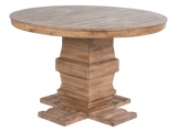 Traditional Rustic Natural Wood Round Dining Set with Beige Tufted Wingback Chairs, Nailhead Trim & Pedestal Table Design