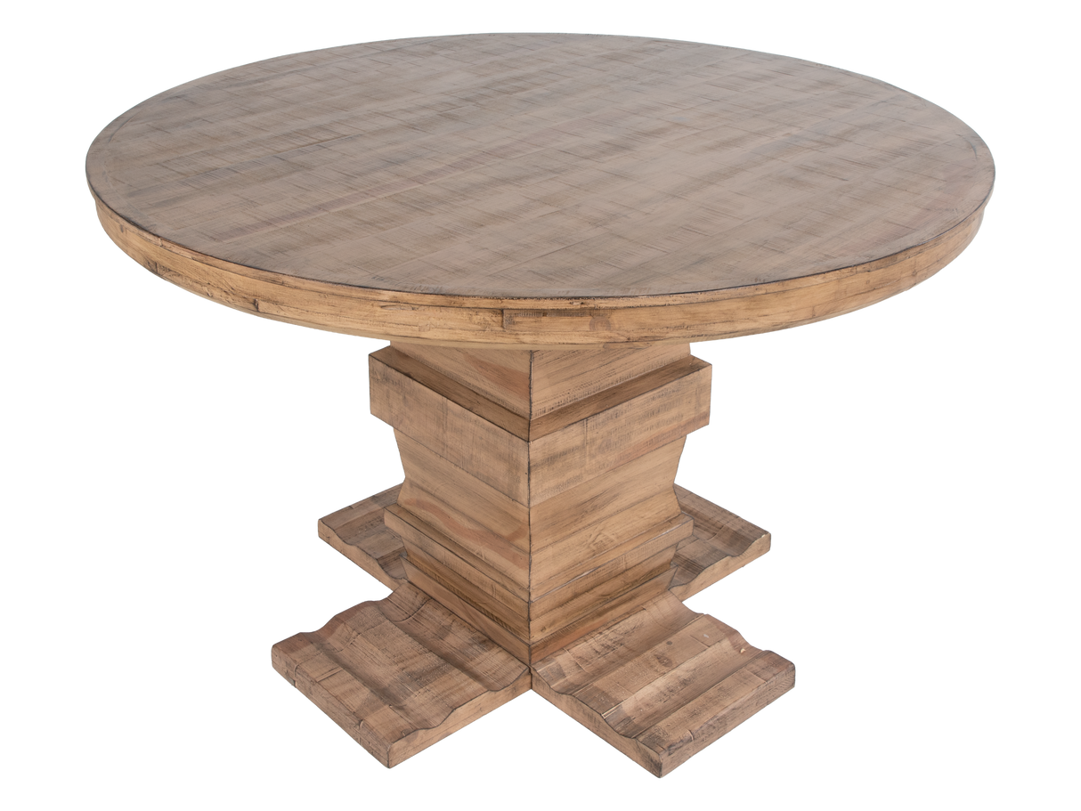 Traditional Rustic Natural Wood Round Dining Set with Beige Tufted Wingback Chairs, Nailhead Trim & Pedestal Table Design