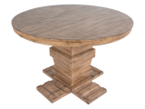 Traditional Rustic Natural Wood Round Dining Set with Beige Tufted Wingback Chairs, Nailhead Trim & Pedestal Table Design