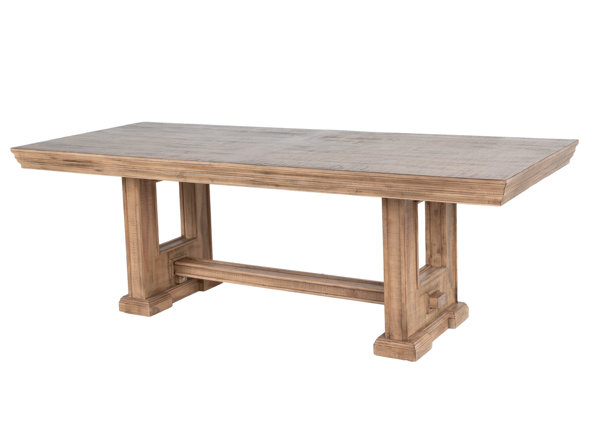 Traditional Rustic Solid Wood 7 Piece Dining Room Set with Beige Tufted Upholstered Chairs, Nailhead Trim & Pedestal Table Design