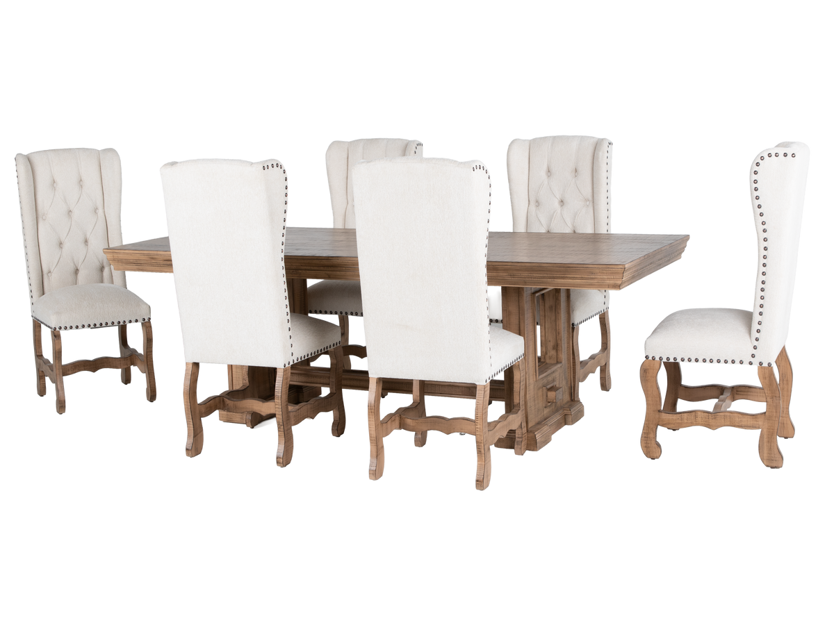 Dining table set with six white chairs on a white background