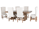 Dining table set with six white chairs on a white background