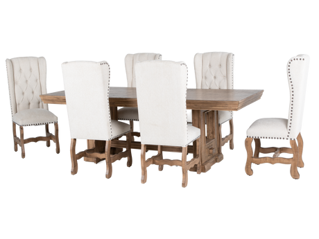 Dining table set with six white chairs on a white background