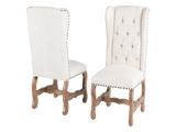 Traditional Rustic Natural Wood Round Dining Set with Beige Tufted Wingback Chairs, Nailhead Trim & Pedestal Table Design